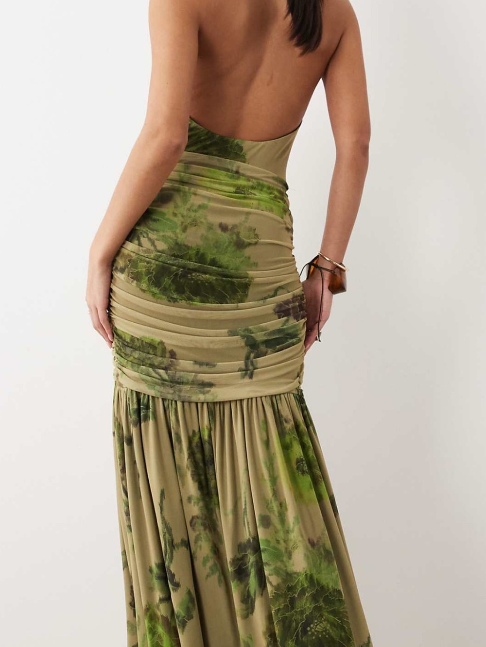 ASOS Olive Green Floral Backless Ruched Maxi Dress